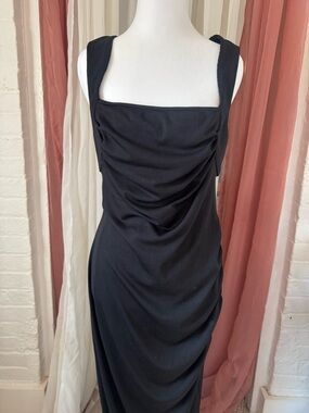 Cider Black Draped Square-Neck Midi Dress